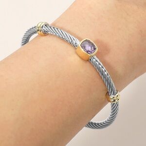 Two Tone Amethyst Stone Cable Cuff Bracelet